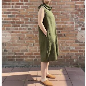 Yuvita Linen Cowl Dress Olive Green Pintuck Bubble Hem Relaxed Artsy Lagenlook-M